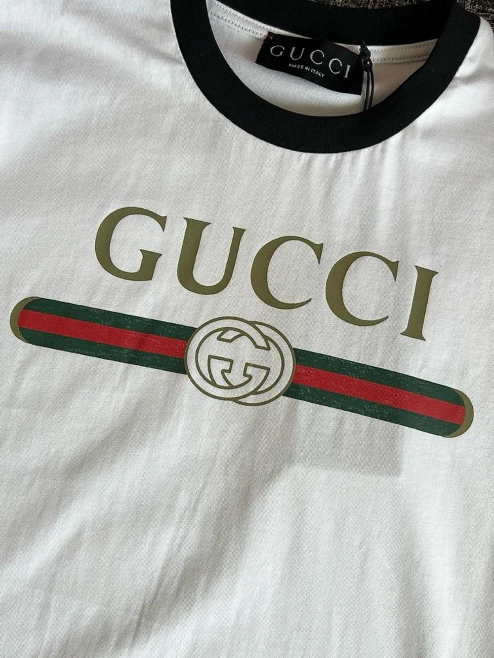 Gucci White Tee with Black Trim and Red-Green Web Stripe - Picture 5 of 9